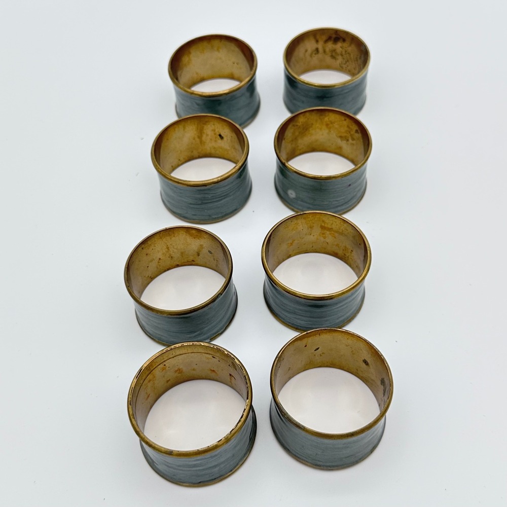 Vintage Napkin Rings Set of 8 Gray Enamel Brass Faux Pearlized Marbled